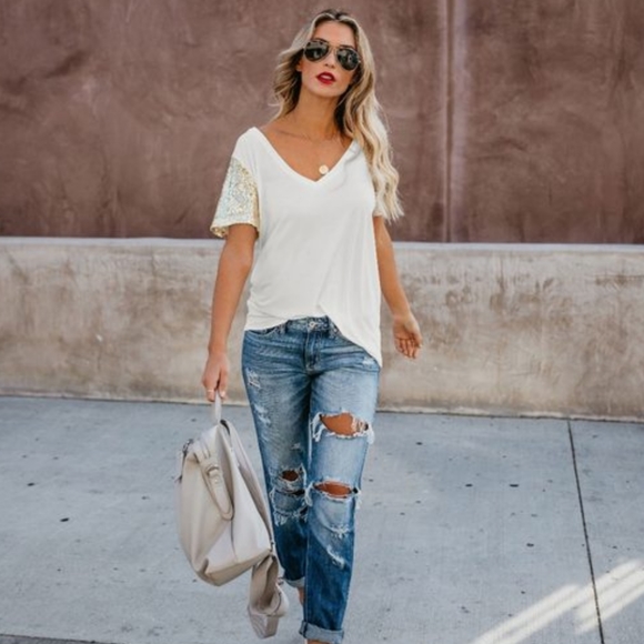 New Sparkling Gold Sequin V Neck Casual T-shirt - Picture 6 of 10